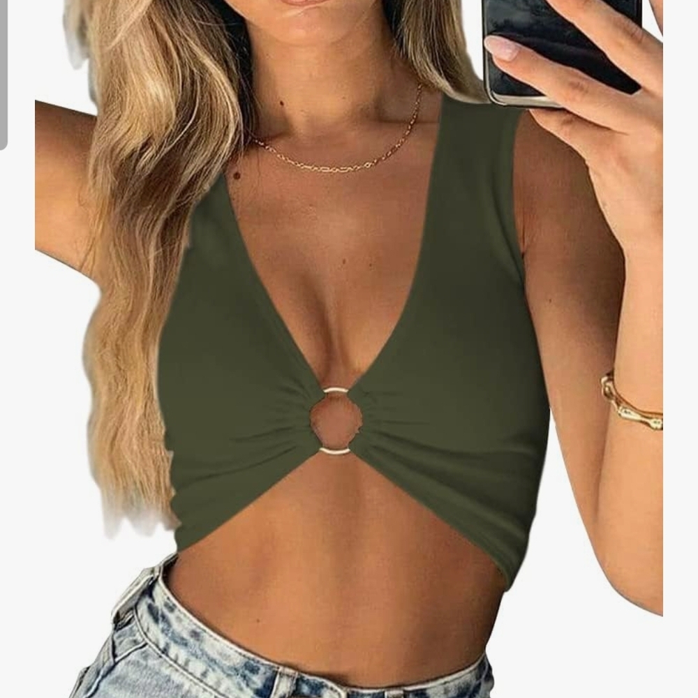 Stylish Olive Crop Top with Ring Detail